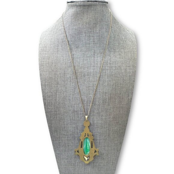 Art Nouveau Czech Peking Glass Pendant Necklace Brass Enamel Gold Filled - Picture 2 of 8
